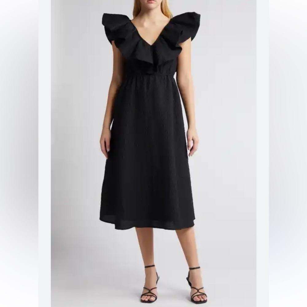 Chelsea28 Black Ruffle Neckline A-line Midi Dress Size XS Elastic Waist V-back